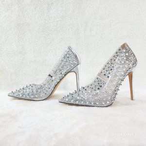 Spicy Stiletto PVC Clear Pumps Silver Spiked Studs & Rhinestone Pumps High Heels
